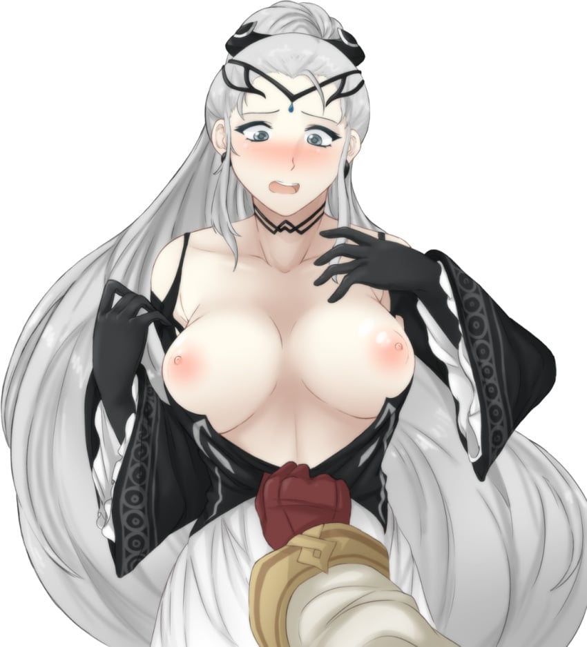 1other accidental_exposure areolae assisted_exposure blush clothed clothes clothing eir_(fire_emblem) fire_emblem fire_emblem_heroes gloves grey_eyes grey_hair intelligent_systems kiran_(fire_emblem) long_hair looking_down nintendo nipples pale-skinned_female pale_skin pov tridisart wardrobe_malfunction