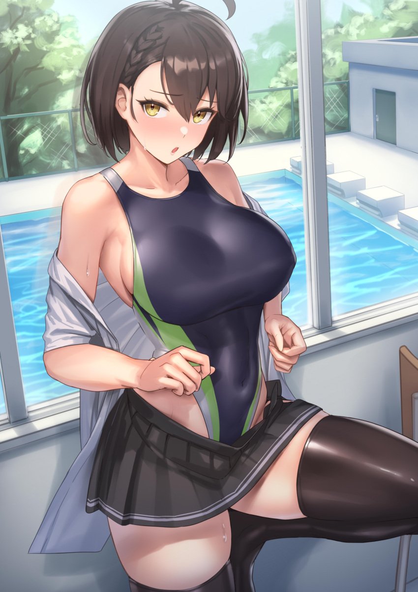 1girls azur_lane baltimore_(azur_lane) black_legwear blush brown_hair competition_swimsuit cuboon female female_only fit human light-skinned_female light_skin looking_at_viewer one-piece_swimsuit open_mouth skintight skirt solo sweat sweatdrop swimsuit thighhighs undressing yellow_eyes