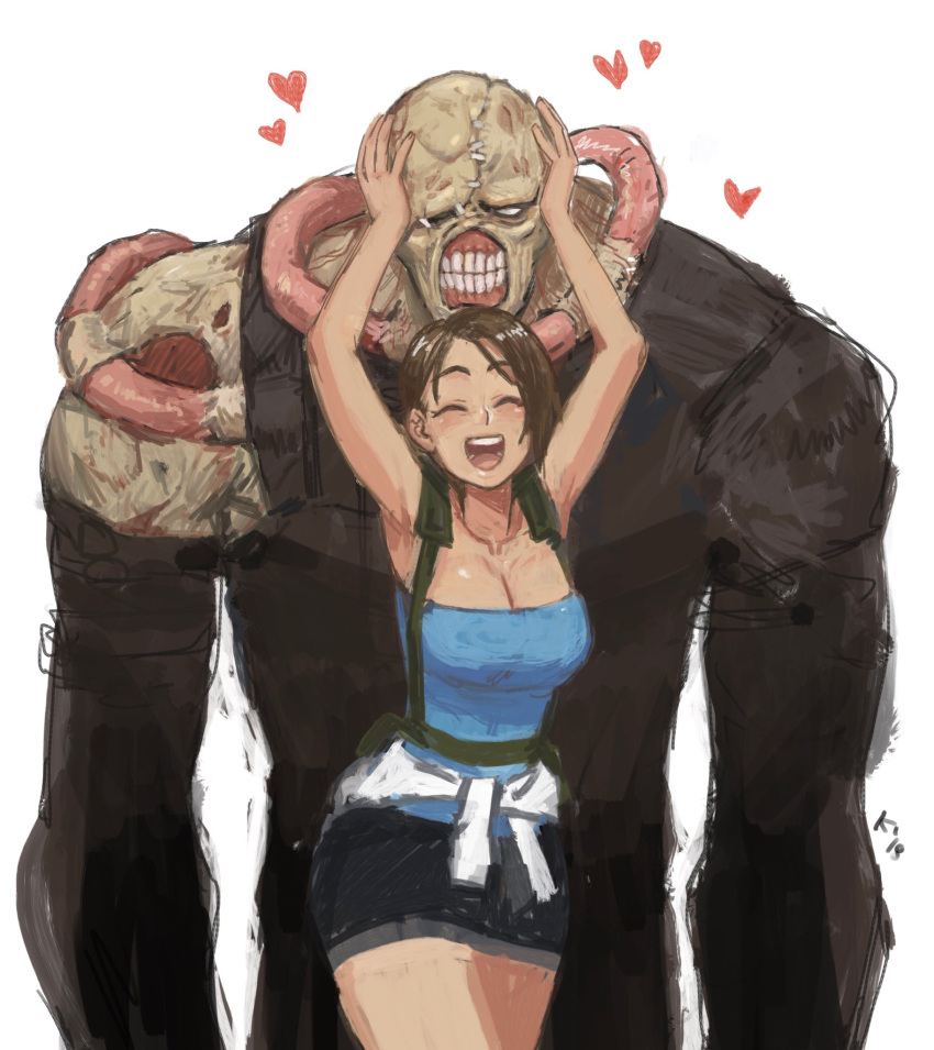 1boy 1girls armpits brown_hair cleavage closed_eyes clothed curvy female heart height_difference highres jill_valentine jill_valentine_(julia_voth) kinuko_(kinucakes) love mariel_cartwright monster muscular_male nemesis_(resident_evil) resident_evil resident_evil_3 short_hair size_difference sketch smile tubetop unexpectedly_good wholesome zombie