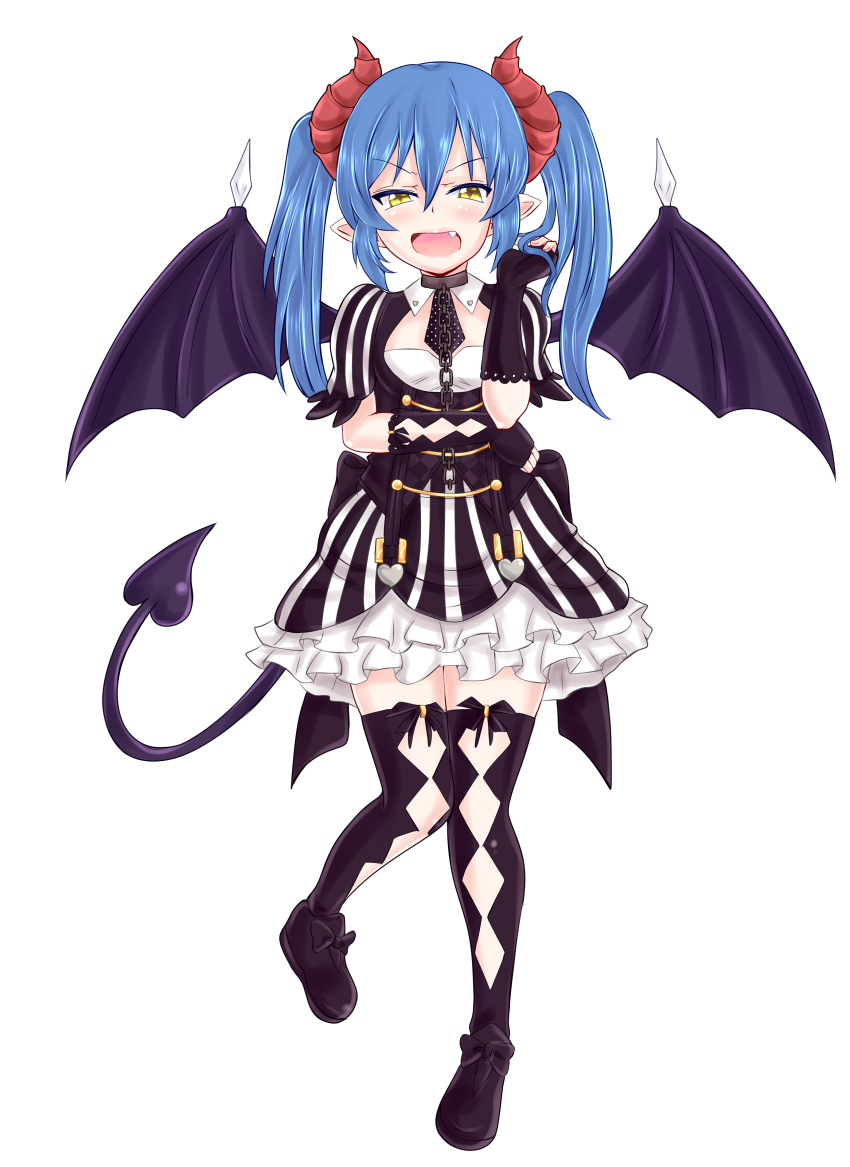 armwear black_legwear blue_hair demon_girl demon_horns demon_tail demon_wings female green_eyes original pointy_ears seryuu skirt small_breasts tail thigh_highs tie unholysoul wings