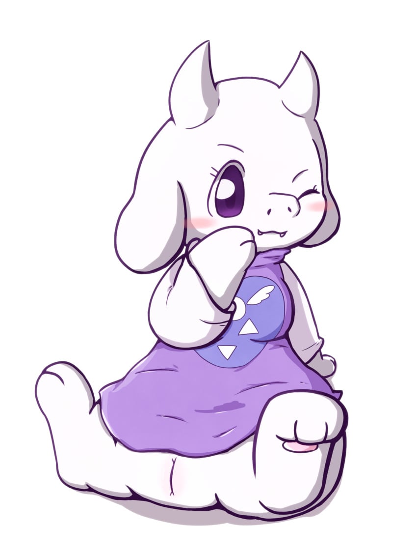 anthro blush boss_monster bottomless bovid breasts caprine chibi clothed clothing cute fangs female fur goat hi_res horn long_ears mammal mostly_clothed one_eye_closed purple_eyes pussy rokesys small_breasts solo toriel undertale video_games white_fur wink