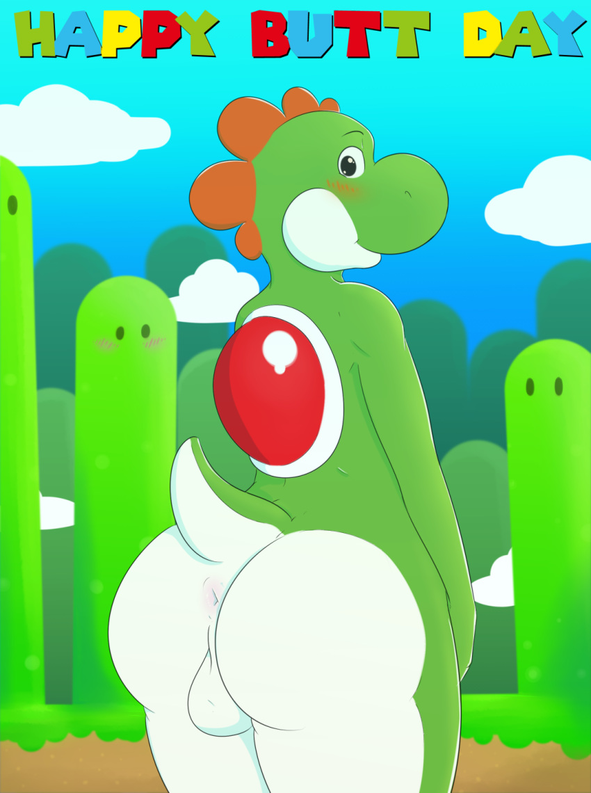 1boy anus ass backsack balls birthday blush heart0fink_(artist) hi_res looking_at_viewer looking_back male male_only mario_(series) nintendo outdoors solo standing super_mario_bros. tail testicles video_games yoshi