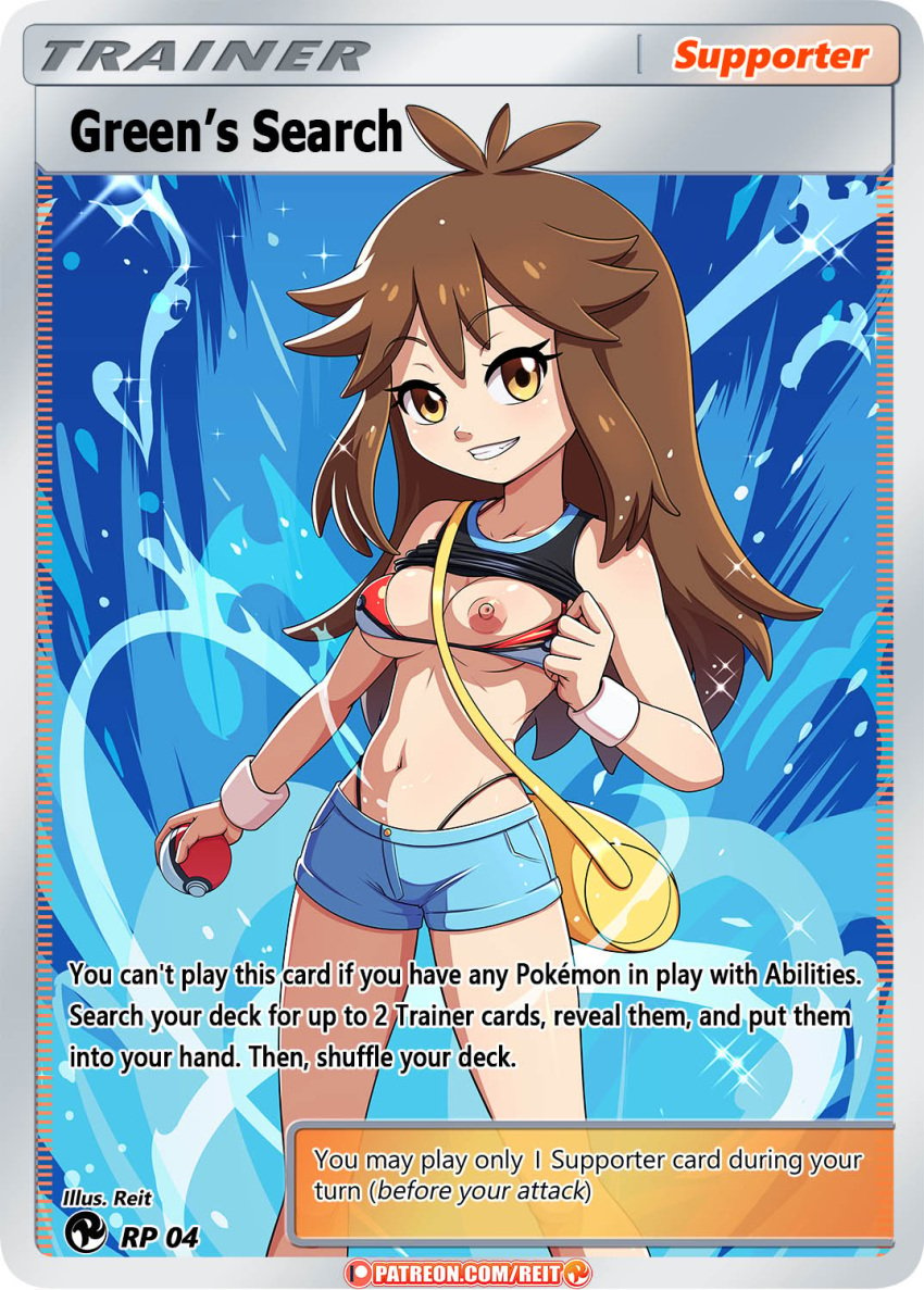 1girls areola background bag belly bikini blue_background bra breasts brown_eyes brown_hair card card_(medium) clothes clothing denim eyelashes female female_only green_(pokemon) holding human human_only long_hair looking_at_viewer navel nintendo nipples one_breast_out pale_skin patreon poke_ball pokemon pokemon_card pokemon_lgpe pokemon_rgby pokemon_tcg red_bikini reit shirt shirt_lift shorts smile smiling solo standing sweatband text trading_card trainer_card underboob undressing url watermark