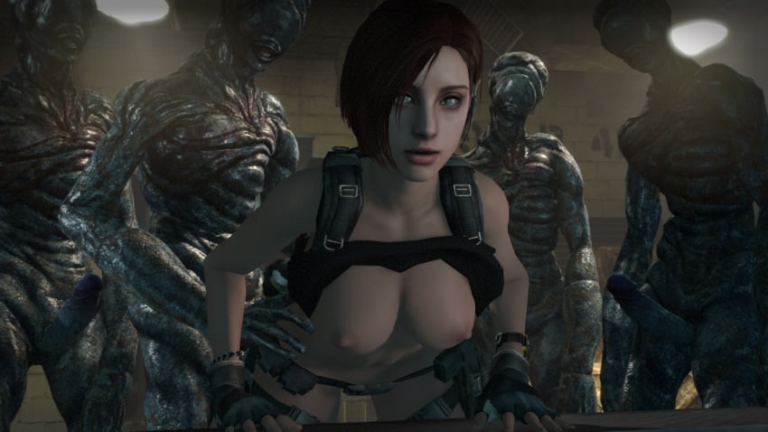 3d 4monsters before_sex blue_eyes breasts brown_hair female gloves half-dressed highres holster huge_cock jill_valentine jill_valentine_(julia_voth) light-skinned_female monster multiple_males nipples resident_evil resident_evil_6 resident_evil_remake short_hair teddsfm