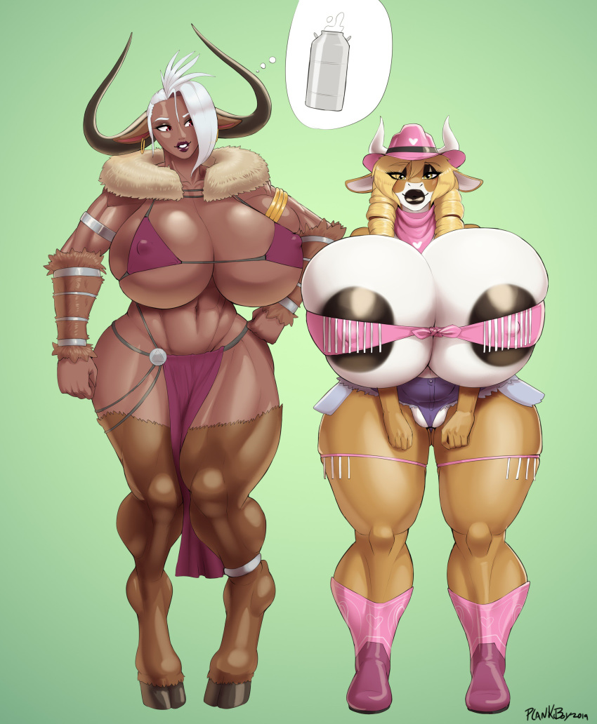 absurd_res anthro big_breasts bovid bovine breasts cattle clothed clothing curvaceous daisy_(furel) duo female hat hi_res hooves horn horns huge_breasts humanoid hyper hyper_breasts lips loincloth looking_at_viewer mammal nipple_outline plankboy pussy smile standing thick_thighs wide_hips