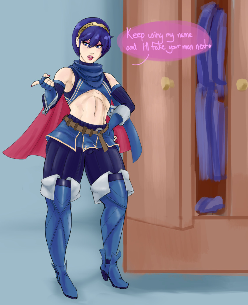 1boy artist_request cosplay crossdressing english_text femboy fire_emblem fire_emblem_awakening lipstick lucina_(fire_emblem) makeup male male_only marth_(fire_emblem_awakening) short_hair solo text thick_thighs trap wide_hips