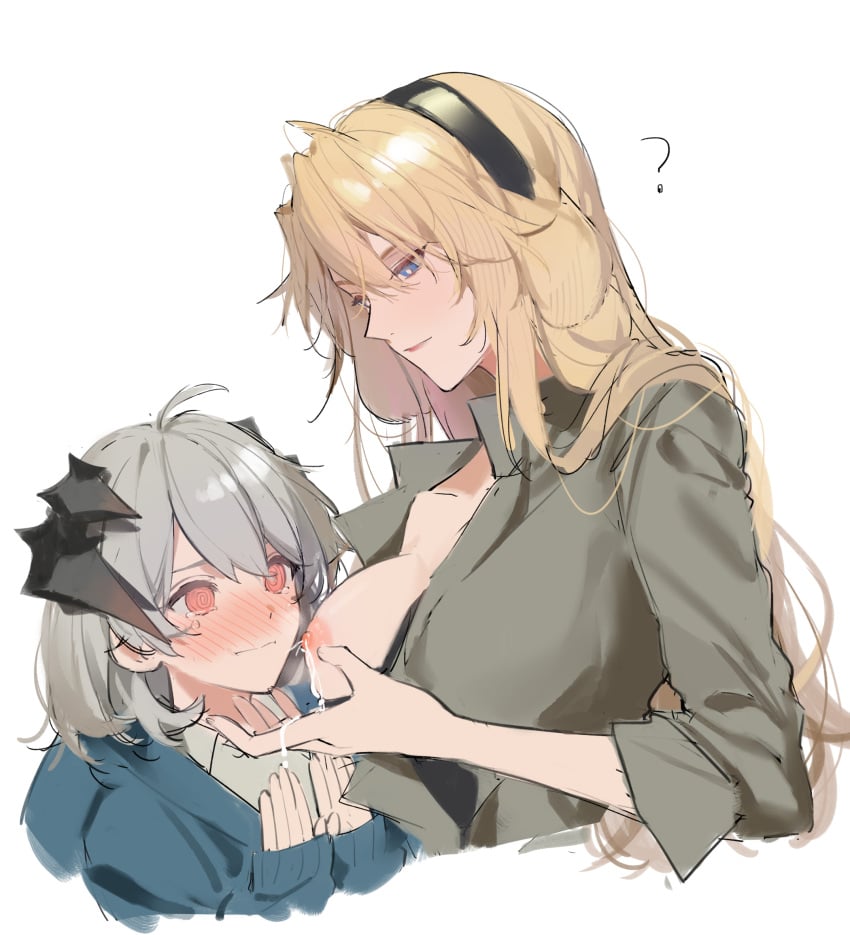 2girls ? @_@ age_difference aged_down ahoge animal_ears arknights black_hairband blonde_hair blue_eyes blue_hoodie blush breasts brown_shirt closed_mouth collared_shirt commentary cropped_torso dog_ears dog_girl dress_shirt grey_hair hairband hands_up height_difference highres hood hoodie horns joshua_(shisanli934) kristen_(arknights) lactation lactation large_breasts long_hair long_sleeves looking_at_another looking_down medium_hair motherly multiple_girls novelty_censor one_breast_out open_clothes open_shirt red_eyes rejection saria_(arknights) shirt simple_background sleeves_past_wrists tearing_up upper_body white_background yuri