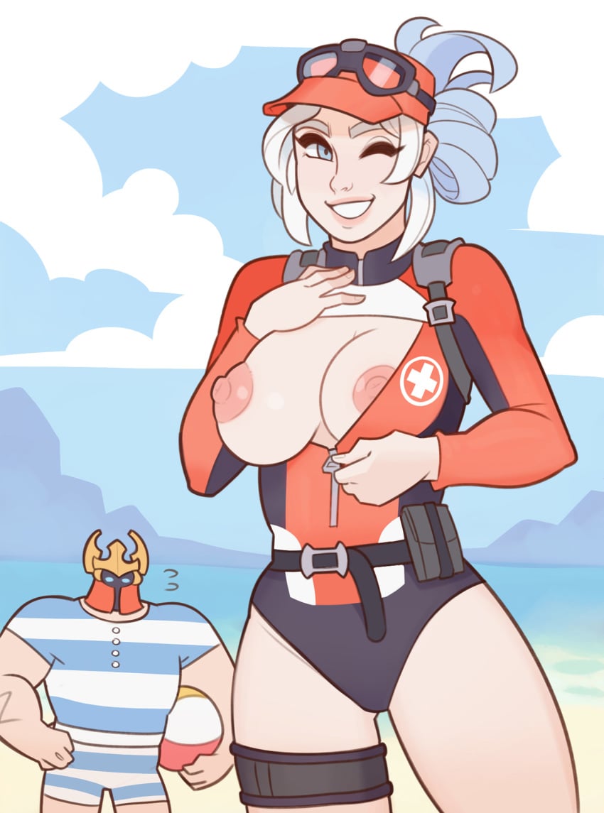 1girls areolae breasts female khan_(paladins) lian_(paladins) nipples paladins shore_patrol_(paladins) shore_patrol_lian solo_focus splashbrush standing wink