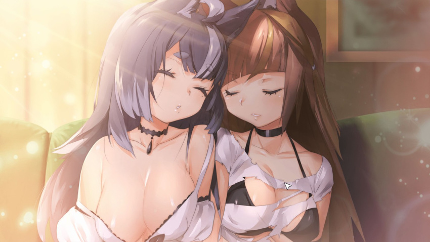 2girls animal_ears bare_shoulders blush breasts brown_hair choker cleavage closed_eyes collarbone couch couple duo female female_only fox_ears fuyu grey_hair highres indoors large_breasts marari multiple_females multiple_girls mutual_yuri neck necklace off_shoulder side-by-side sitting sleeping smile torn_clothes upper_body wolf_ears yuri