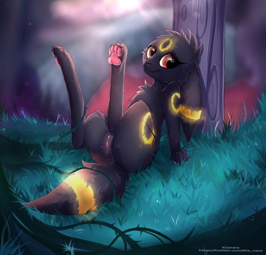 1girls 4_toes against_tree anus ass big_ass big_eyes bioluminescence black_fur clitoris eeveelution eyelashes feet female female_only feral fluffy fluffy_tail fur furry glowing grass hi_res kianara looking_at_viewer markings moonlight nintendo nude on_grass outside pawpads paws pink_pawpads pokémon_(species) pokemon pokemon_(species) pokemon_gsc pussy red_eyes sitting snout solo spread_legs spreading text thick_thighs toes tree umbreon url video_games watermark wide_hips yellow_fur yellow_markings