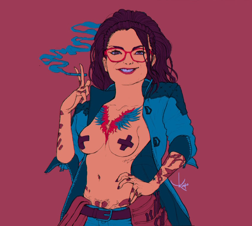 1girls breasts brown_hair cigarette devil_may_cry devil_may_cry_5 female female_only glasses long_hair nicoletta_goldstein rogerkmpo smile smoking solo tagme tattoo tattoos