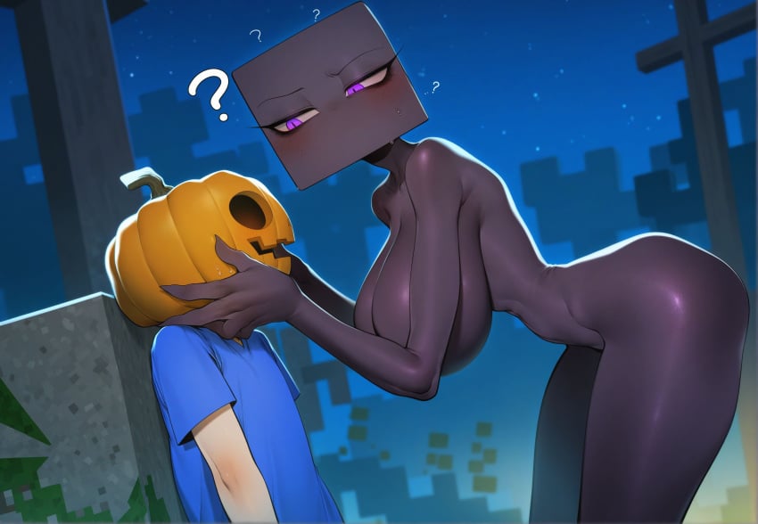 1girls ai_generated anthro bent_over black_body enderman enderwoman featureless_breasts female looking_at_viewer minecraft mojang outdoors purple_eyes solo solo_female solo_focus stars tall