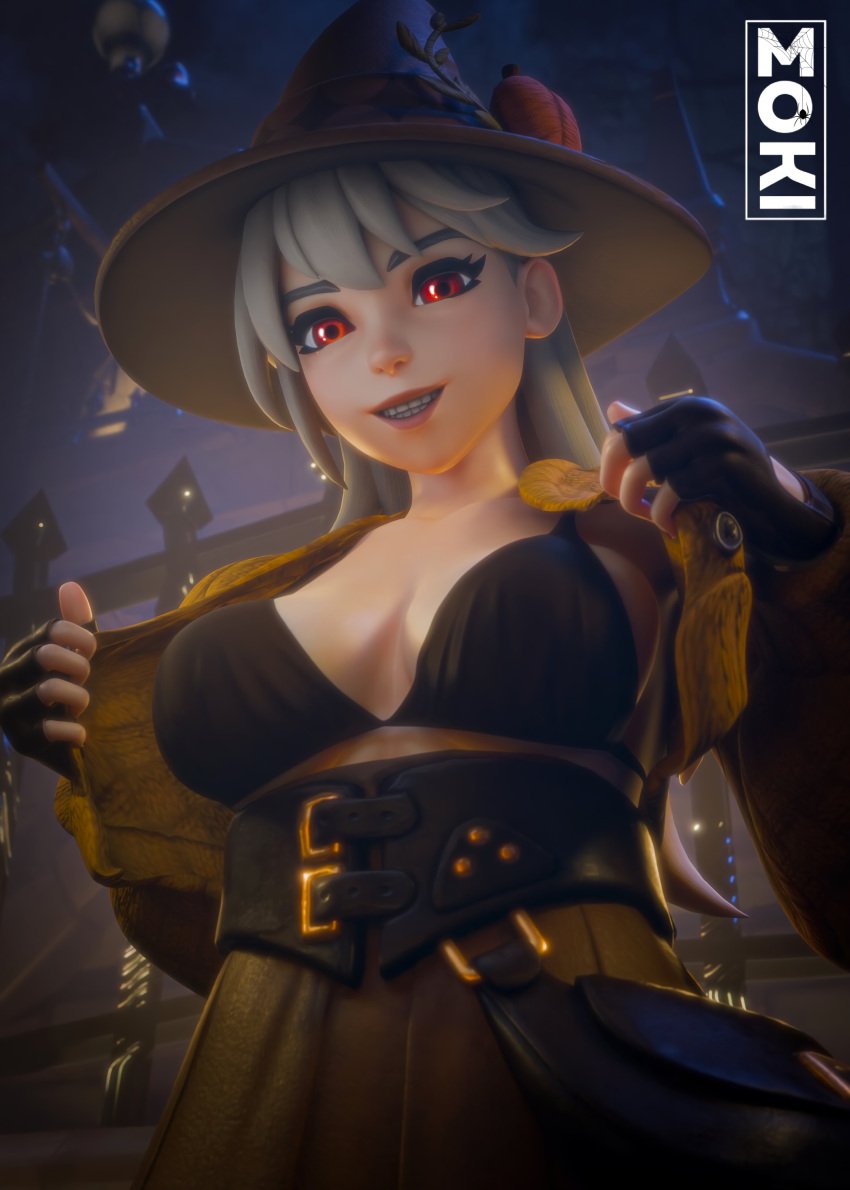 3d fingerless_gloves fortnite fortnite:_battle_royale lexa_(fortnite) lexa_hexbringer_(fortnite) looking_at_viewer mokinawa mostly_clothed red_eyes smile solo solo_female tagme white_hair witch_hat