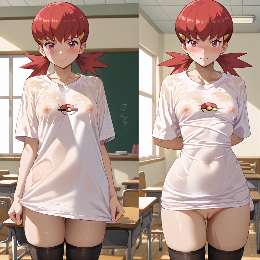 ai_generated ass ass_visible_through_thighs bangs black_legwear blush breasts chalkboard classroom closed_mouth collarbone covered_nipples cowboy_shot desk dress female hair_ornament hairclip indoors looking_at_viewer low_twintails medium_breasts multiple_views nipples no_bra pink_eyes pokemon pussy red_eyes red_hair school school_desk see-through shirt short_twintails smile thighhighs twintails uncensored wet wet_clothes wet_dress wet_shirt whitney_(pokemon)