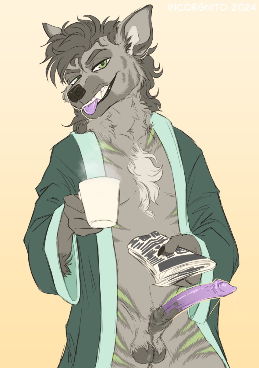 anatomically_correct anatomically_correct_genitalia anatomically_correct_penis animal_genitalia animal_penis anthro balls bathrobe beverage claws clothed clothing digital_media_(artwork) erection fur genitals green_bathrobe green_clothing green_eyes green_robe hair hi_res hyaenid_penis hyena incorgnito long_penis looking_at_viewer male mammal newspaper penis robe simple_background smile solo striped_body striped_fur striped_hyena stripes teeth tongue tongue_out