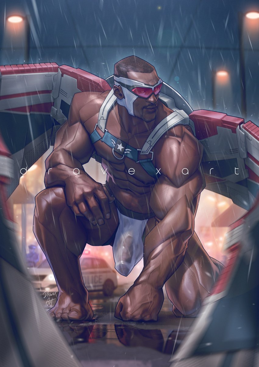 abs balls bara biceps big_bulge bulge dark-skinned_male dravexart jockstrap male male_nipples male_only manly marvel marvel_cinematic_universe muscular_male nipples pecs penis penis_outline sam_wilson the_falcon underwear wet