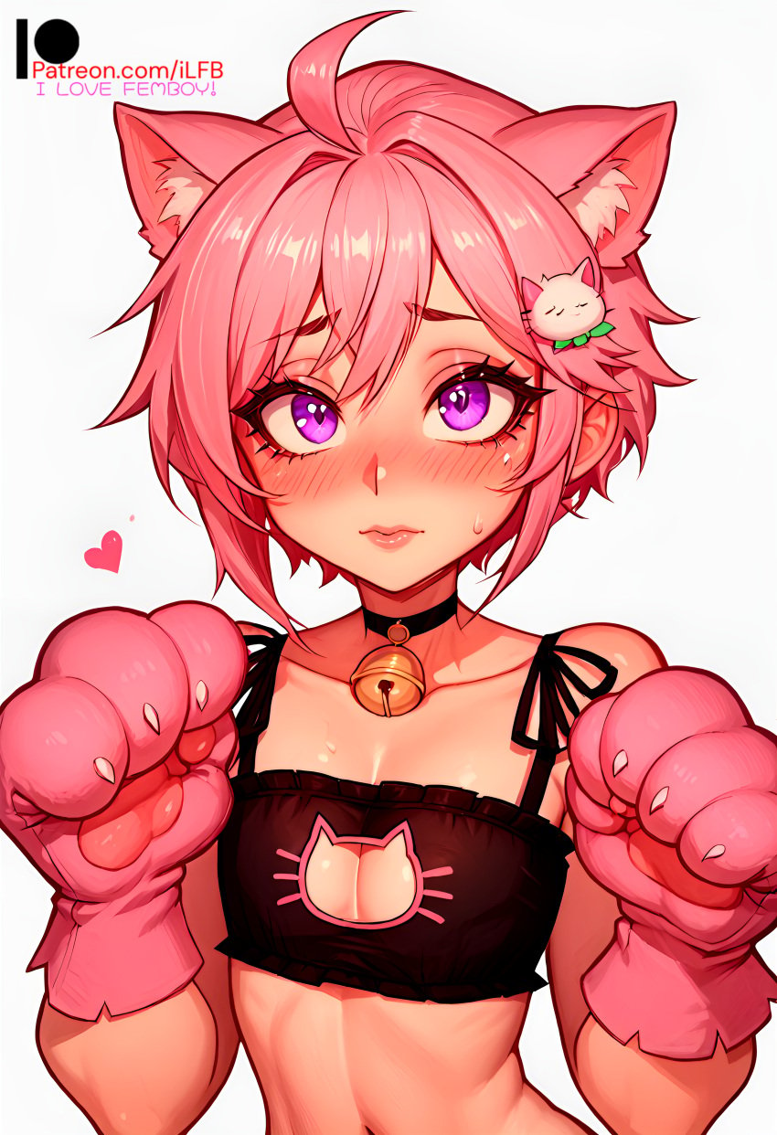 1boy 2d ai_generated bell_collar blush cat_ears choker femboy flat_chest floating_heart gloves hair_ornament ilfb male male_focus male_only pink_hair purple_eyes short_hair shy simple_background trap uncensored