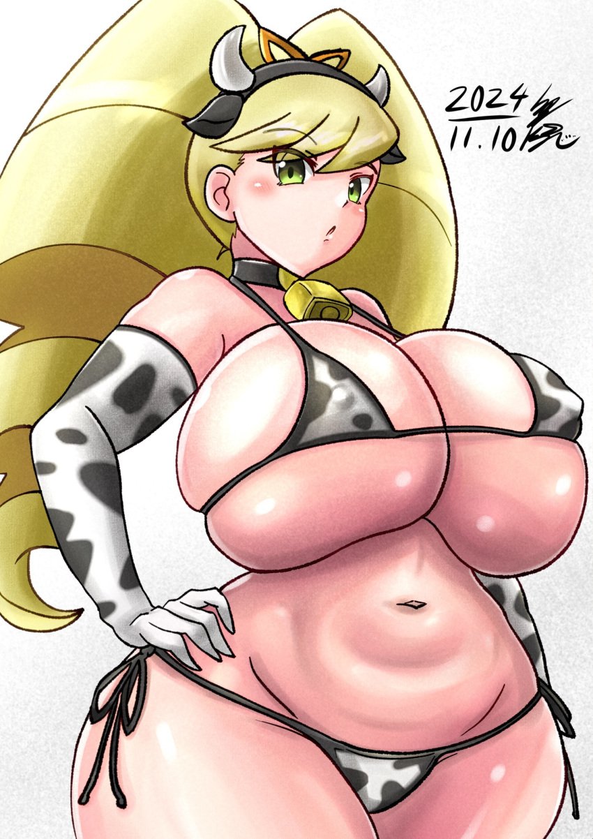 animal_ears bell belly belly_button big_breasts bikini cow_ears cow_print cow_print_bikini drill_hair elbow_gloves huge_breasts large_breasts looking_down luna_platz mega_man mega_man_star_force midriff shirogane_luna sirakuroyamiri thick_thighs tight_clothing twintails voluptuous