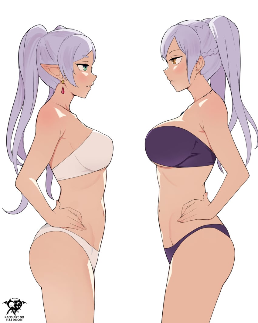 2girls alternate_costume bandeau bikini black_bikini braid brown_eyes crossover drop_earrings earrings elf english_commentary english_text female_only fire_emblem fire_emblem_awakening frieren from_side green_eyes grey_hair hands_on_own_hips jewelry kaos_art long_hair looking_at_another medium_breasts multiple_girls navel nintendo panties pointy_ears profile purple_bikini purple_swimsuit robin_(fire_emblem) robin_(fire_emblem)_(female) same_hairstyle simple_background small_breasts sousou_no_frieren standing strapless strapless_bikini swimsuit tube_top twintails under_boob underwear white_background white_bikini white_swimsuit