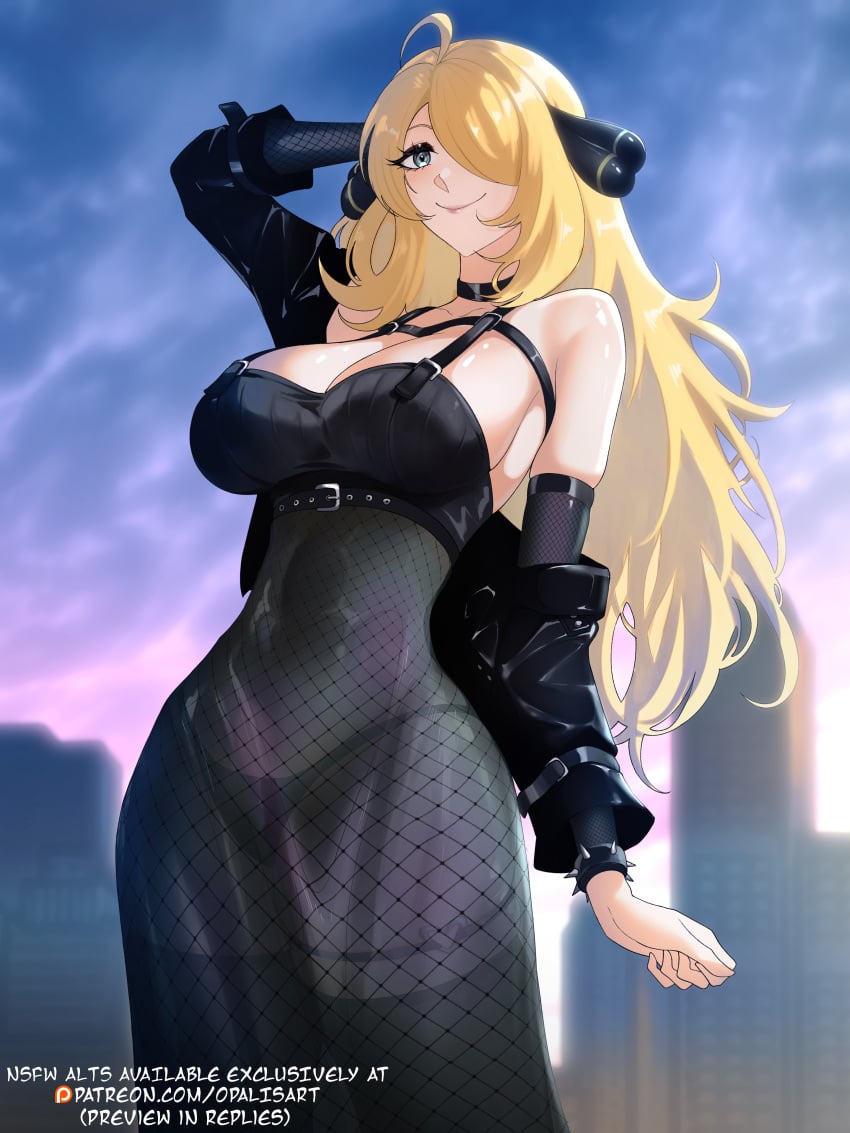 absurdres ahoge alternate_costume bare_shoulders black_dress black_eyes black_jacket black_panties blue_sky bracelet breasts cleavage closed_mouth cloud commentary covered_navel creatures_(company) cropped_jacket cynthia_(pokemon) day dress english_commentary female fishnets game_freak goth_fashion hair_ornament hair_over_eyes highres jacket jewelry large_breasts long_hair looking_at_viewer nintendo off_shoulder one_eye_covered opalis opalisart panties pokemon pokemon_dppt see-through_clothes see-through_dress sky smile solo spiked_bracelet spikes strapless strapless_dress underwear very_long_hair