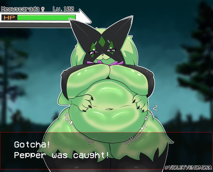 belly big_belly big_breasts breast_curtains breasts duo female gameplay_mechanics generation_9_pokemon hi_res male male/female meowscarada nintendo onomatopoeia pokemon pokemon_(species) sound_effects text thick_thighs violet_venomora vore