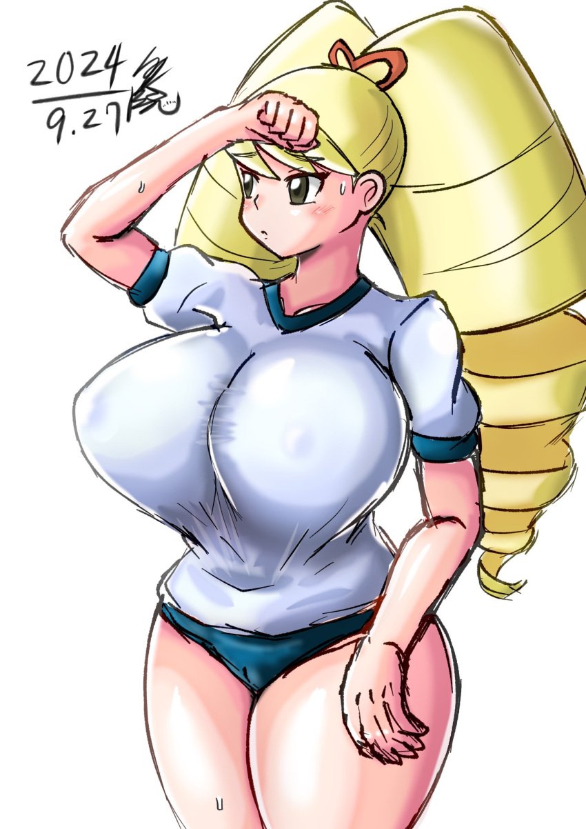 big_breasts drill_hair gym_uniform huge_breasts large_breasts luna_platz mega_man mega_man_star_force shirogane_luna sirakuroyamiri sweat thick_thighs tight_clothing twintails voluptuous