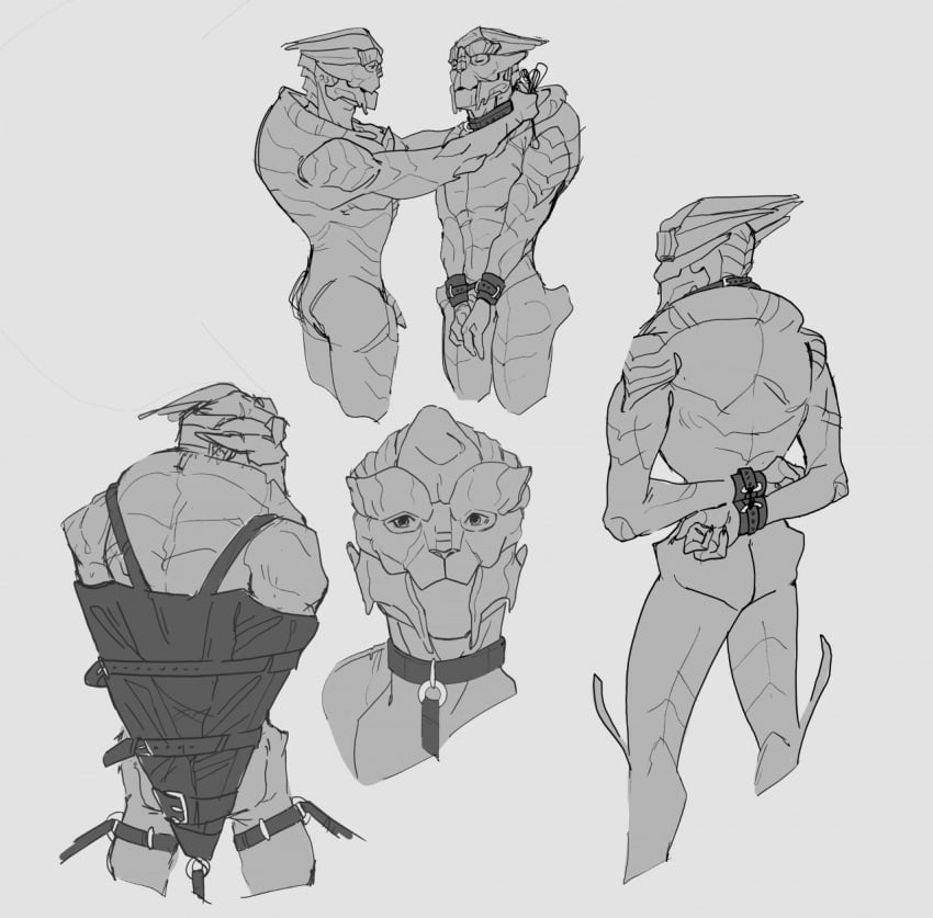 100racs alien arms_tied bioware bound collar duo electronic_arts genitals hands_behind_back hands_tied hi_res humanoid looking_at_viewer male mass_effect monochrome mouth_closed nude penis rear_view side_view sketch_page solo turian