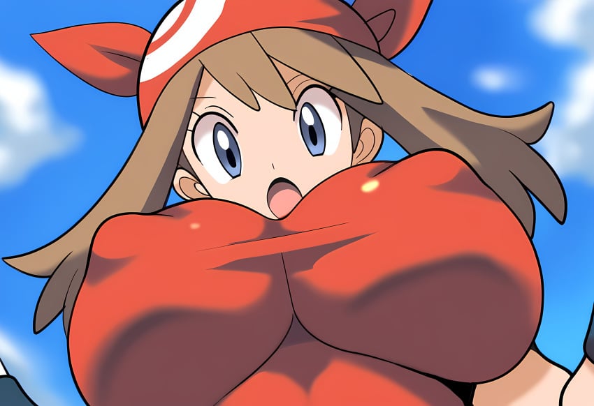 1girls ai_generated alternate_breast_size big_breasts casual_nudity clothed covered_nipples female female_only huge_breasts large_breasts may_(pokemon) mullon no_bra novelai pokemon solo teasing