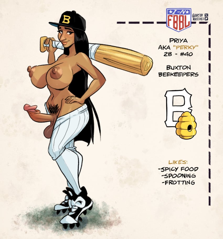 1futa artbymatches baseball_bat baseball_cap baseball_uniform brown_body brown_skin character_sheet description futanari hand_on_hip hard_on hourglass_figure huge_breasts indian indian_futanari long_hair perky_nipples pubes pubic_hair sharp_nose smile smiling text