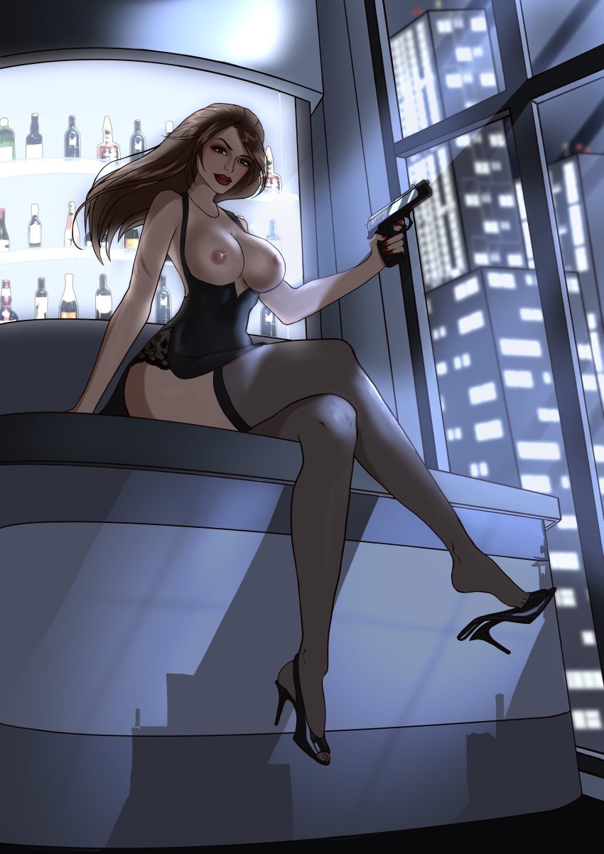 2d 2d_(artwork) 2d_artwork absurd_res absurd_resolution alternate_costume areolae bar_counter black_dress breast_focus breasts breasts_out crossed_legs digital_drawing_(artwork) digital_media_(artwork) dress exposed_panties female female_focus female_only gun high_heels high_resolution highres holding_object holding_pistol holding_weapon lace-trimmed_panties lace_trim lara_croft lara_croft_(classic) leg_focus legs legwear long_hair looking_at_viewer low_cut_dress makeup nail_polish nipples nylon_stockings open_clothes pistol red_nails ripped_clothing shoe_dangle shoeplay sitting skimpy_clothes smile smiling smiling_at_viewer stockings thigh_high_stockings thighhighs tomb_raider