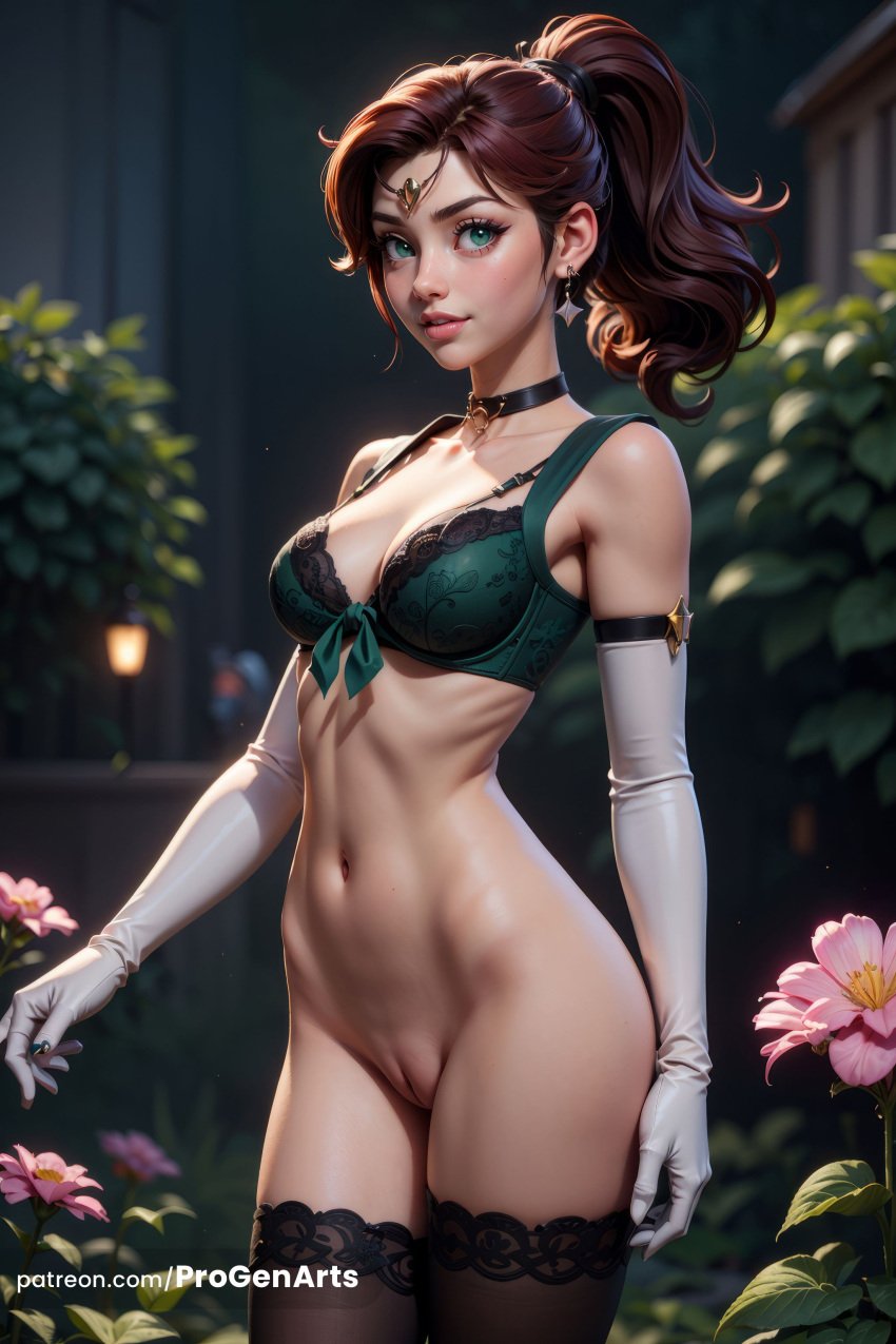 1girls ai_generated bishoujo_senshi_sailor_moon black_thighhighs blurry bottomless bra breasts brown_hair choker circlet cleavage cowboy_shot earrings elbow_gloves flower gloves green_bra green_choker green_eyes hi_res jewelry lingerie lips long_hair looking_at_viewer makoto_kino medium_breasts navel outdoors parted_lips ponytail progenarts pussy sailor_jupiter solo standing thighhighs uncensored underwear white_gloves