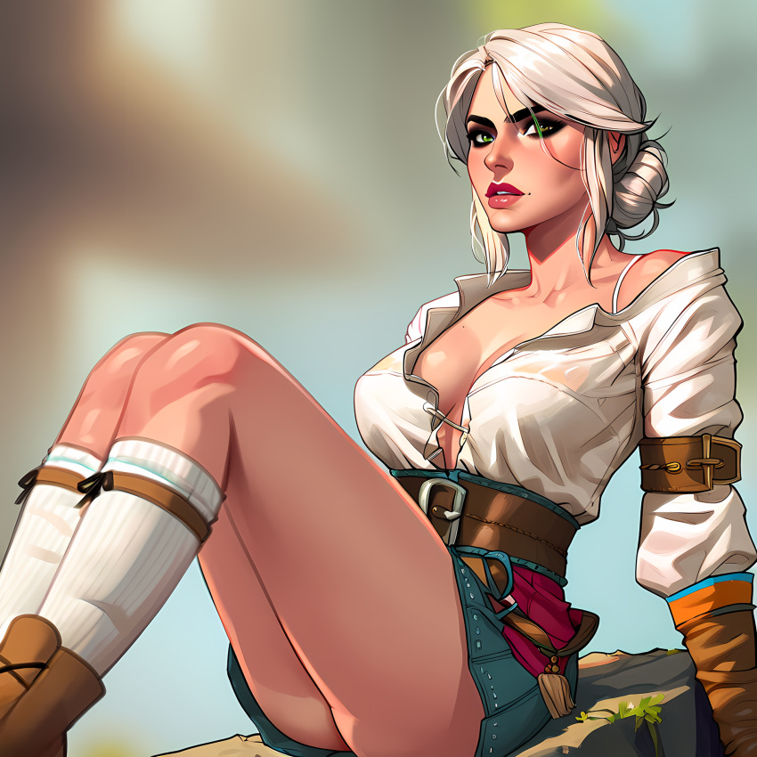 ai_generated ass breasts ciri clothing dadepr female green_eyes light-skinned_female looking_at_viewer scar short_skirt solo the_witcher_(series) the_witcher_3:_wild_hunt white_hair