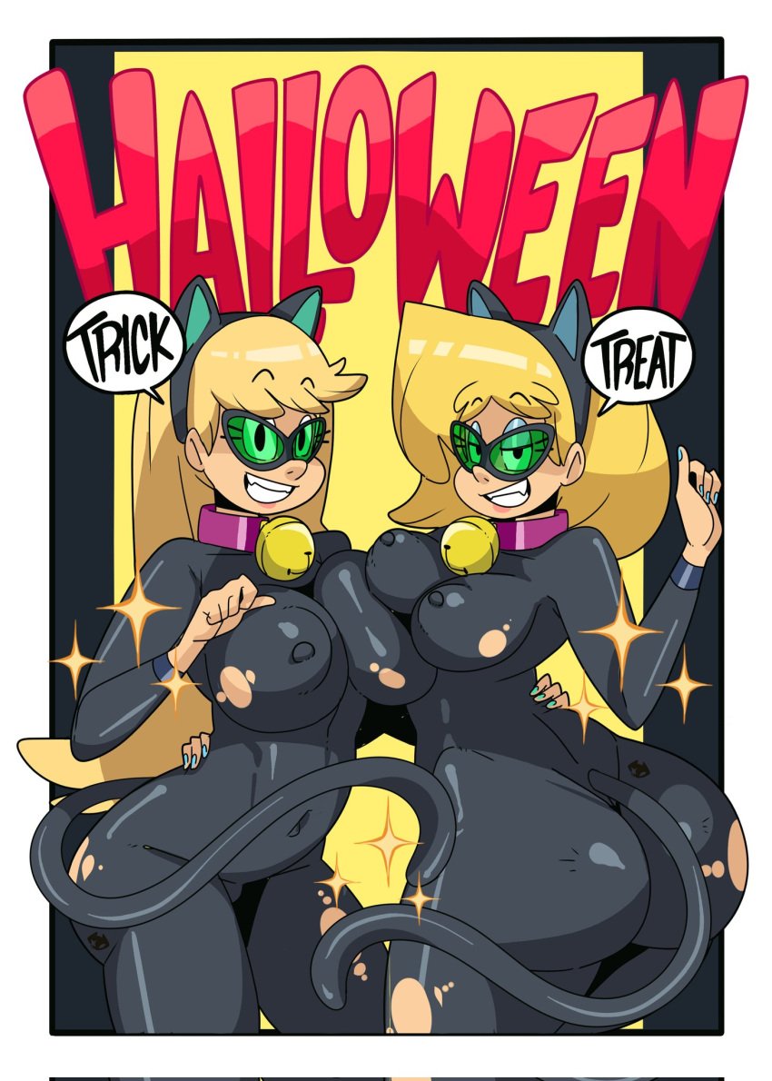 blonde_hair cat_ears cat_tail catsuit halloween halloween_costume leni_loud lori_loud nickelodeon nipple_bulge rex_reyes the_loud_house tight_clothing viacom