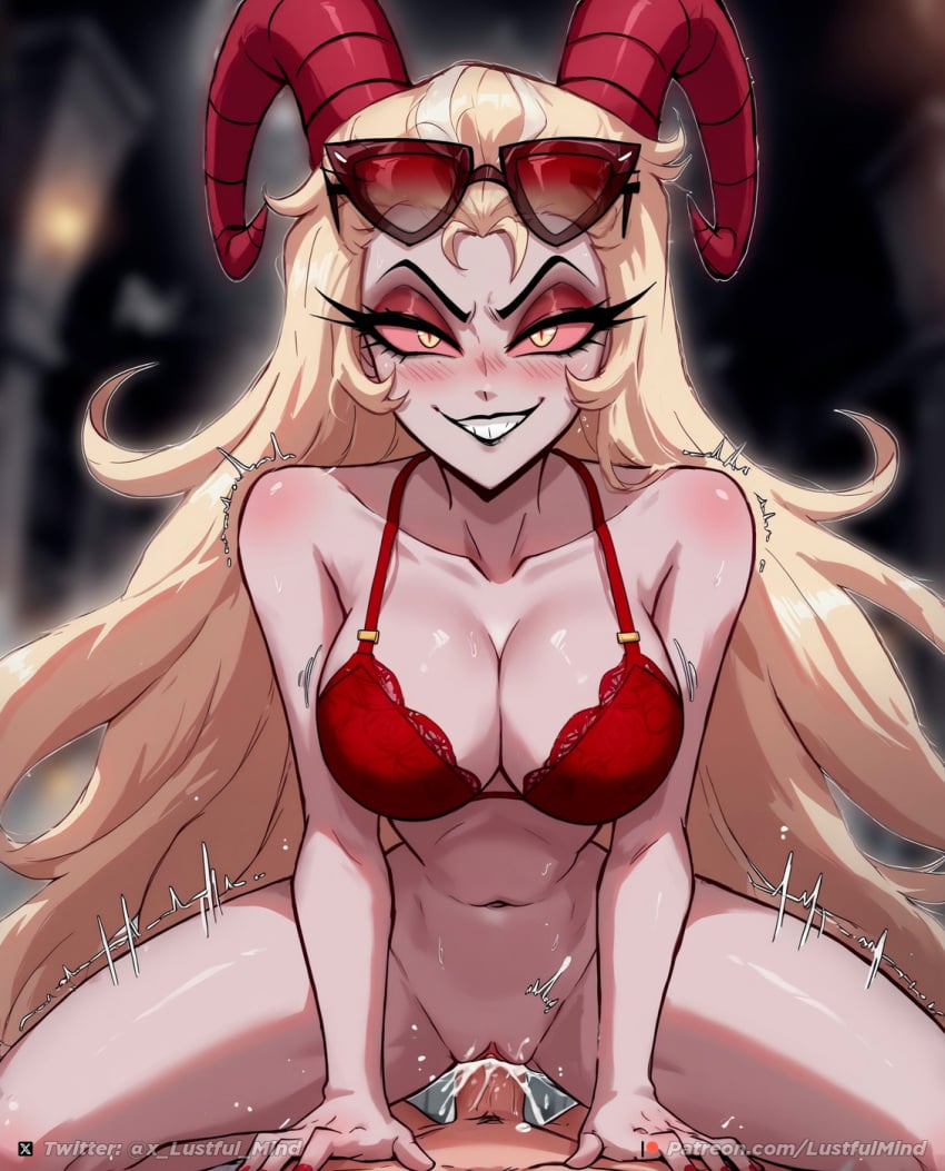 1boy1girl 1girls ai_generated big_breasts blonde_hair blurry_background blush bra bra_only cowgirl_position cum cum_in_pussy demon_girl dominant dominant_female evil_grin female_on_top femdom front_view glasses glasses_on_head half-closed_eyes hazbin_hotel horns large_breasts light-skinned_female lilith_morningstar_(hazbin_hotel) long_hair looking_at_viewer lustful_mind male/female male_pov mostly_nude penetration penis_in_pussy pov pov_eye_contact pov_male red_bra red_sclera sex shaking smug smug_face straight sunglasses sunglasses_on_head tagme twitter_link vaginal_penetration yellow_eyes yellow_pupils