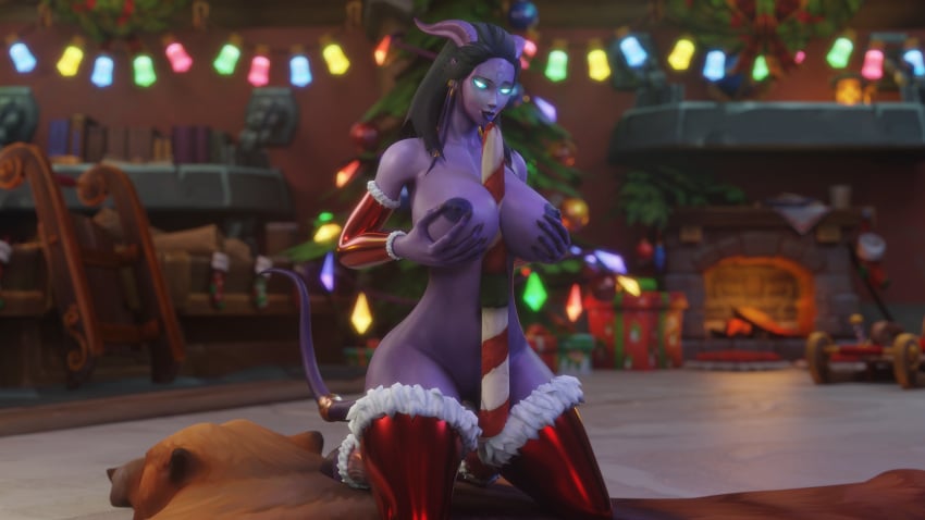 1girls areolae armwear ass before_sex big_ass big_breasts blizzard_entertainment christmas draenei horns keshina large_breasts licking morilymory oc original_character purple_skin stockings warcraft world_of_warcraft wow