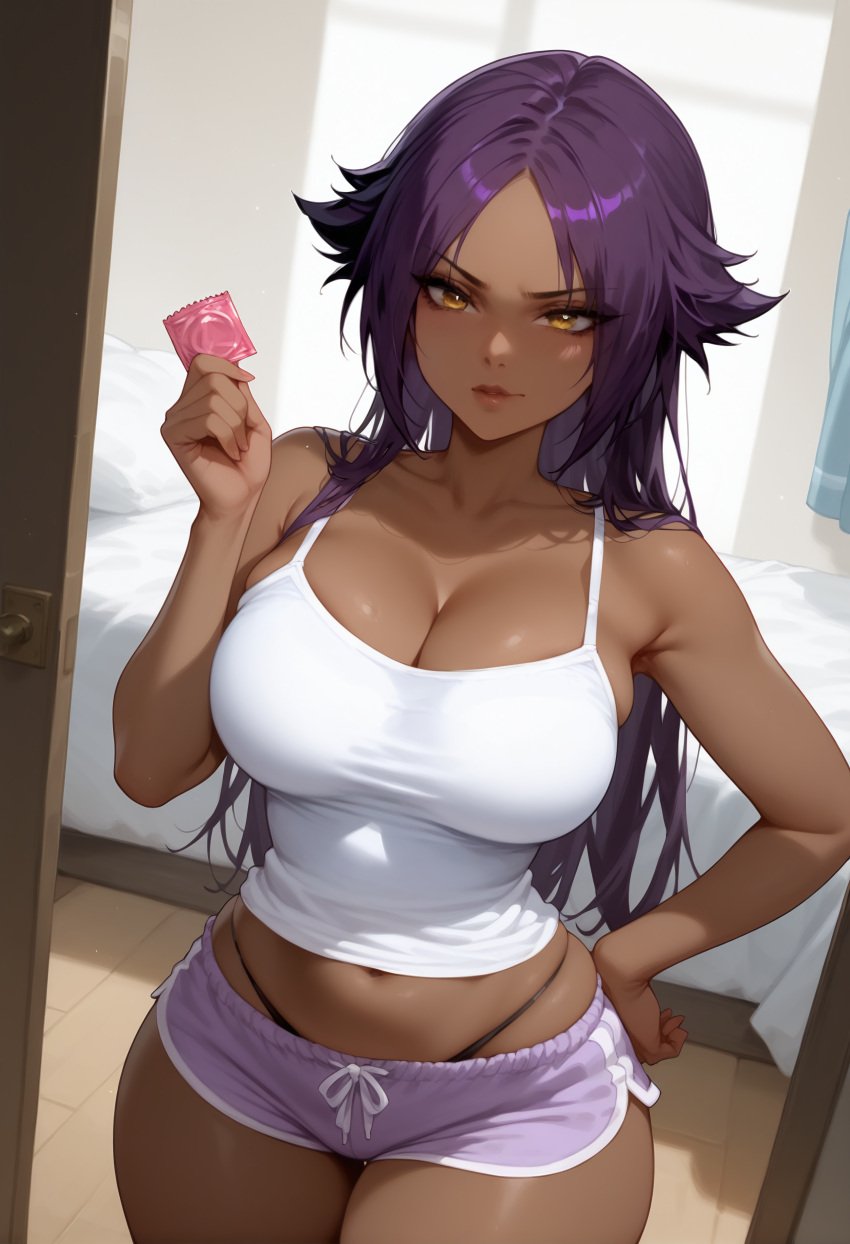 1girls ai_generated annoyed bed bedroom big_breasts big_thighs bleach camisole curvy frown hand_on_hip holding_condom long_hair purple_hair shihouin_yoruichi shorts standing thong yellow_eyes