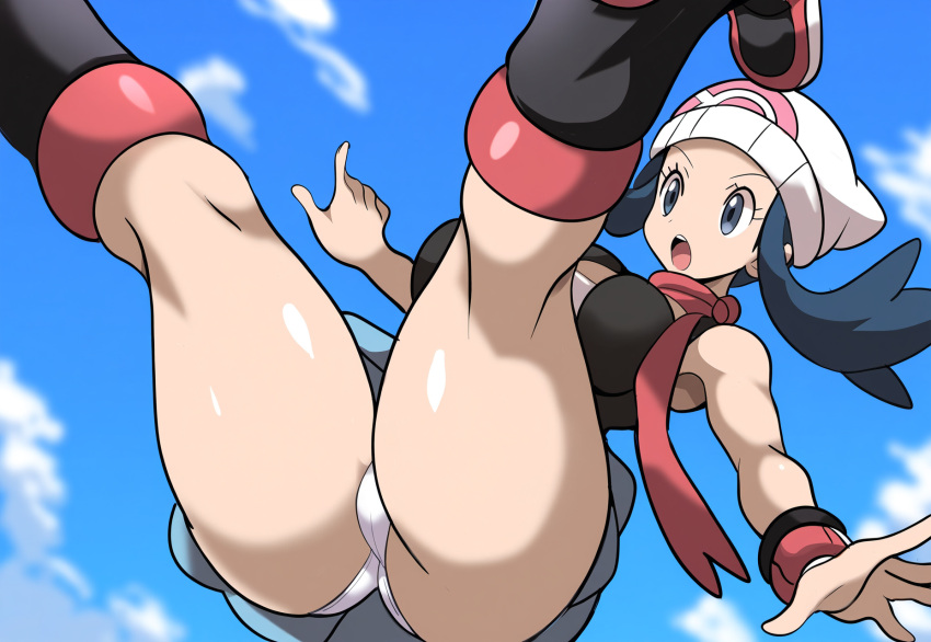 1girls ai_generated alternate_breast_size dawn_(pokemon) falling female large_breasts mullon novelai panties pokemon pokemon_dppt solo thick_thighs