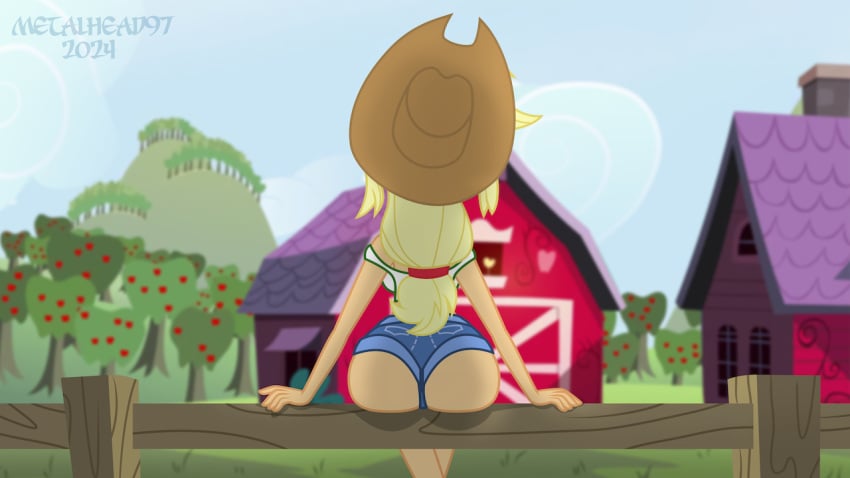 applejack_(eg) back_view cowgirl cowgirl_hat equestria_girls female metalhead97 my_little_pony pov short_shorts sitting_on_fence