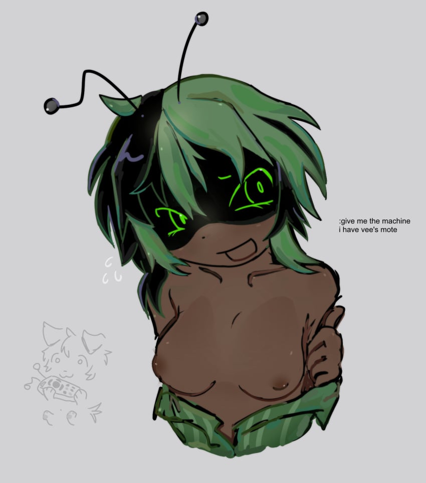 black_hair breasts breasts breasts_focus dandy's_world dark-skinned_female female female green_eyes humanized lazy robotic sketch vee_(dandy's_world)