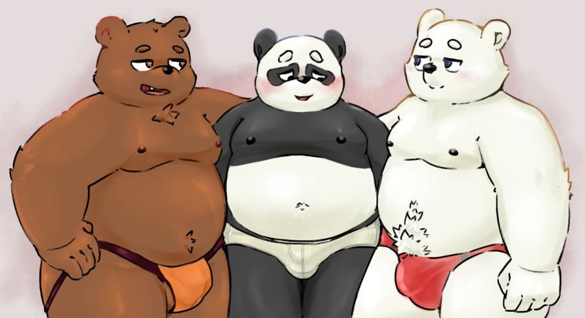 2024 anthro bear belly big_belly black_body black_fur blush brown_bear brown_body brown_fur bulge cartoon_network clothing fur giant_panda grizzly_(we_bare_bears) grizzly_bear group hi_res hug ice_bear_(we_bare_bears) jockstrap kemono male male/male mammal moobs nipples orange_clothing orange_underwear overweight overweight_male panda_(we_bare_bears) polar_bear red_clothing red_underwear simple_background thebunslover underwear ursine we_bare_bears white_body white_clothing white_fur white_underwear