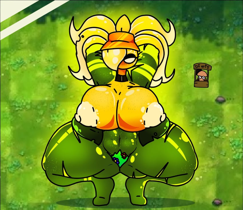 abs big_breasts dj_arts freckles_on_breasts green_body hands_behind_head plant_girl plant_humanoid plants_vs_zombies pussy pvz spread_legs spreading sunny_(dj_arts) thick_thighs yellow_breasts yellow_head