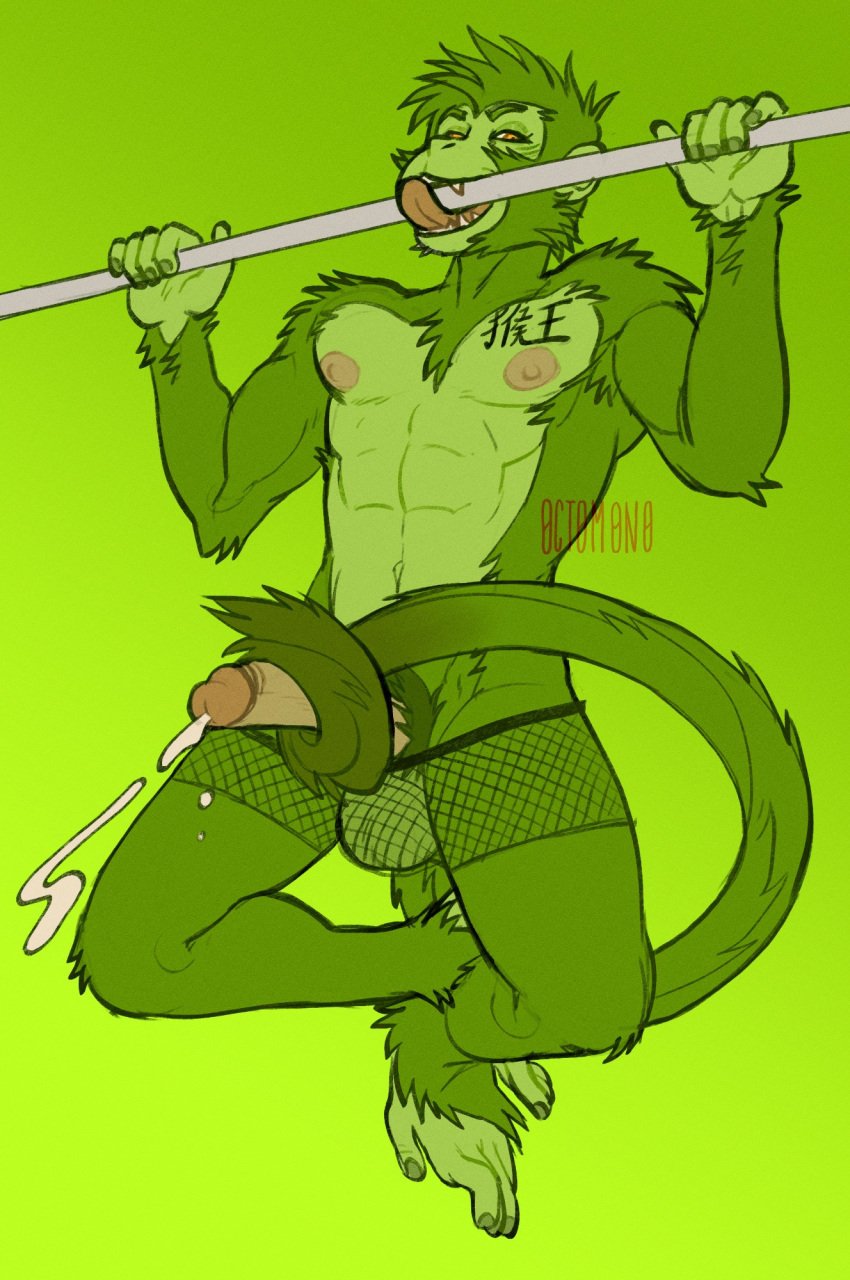 0ct0m0n0 abs anthro athletic athletic_anthro athletic_male balls bite biting_object bodily_fluids clothing cum digital_media_(artwork) erection exercise fishnet_clothing fishnet_underwear fur genital_fluids genitals green_background green_body green_fur haplorhine hi_res humanoid_genitalia humanoid_penis long_tail male mammal masturbation monkey navel nipples orgasm pecs penis prehensile_tail primate pubes pull-up_(exercise) sex signature simple_background solo tail tail_around_penis tail_fetish tail_masturbation tail_play tail_sex tailjob tattoo tongue tongue_out underwear yellow_eyes