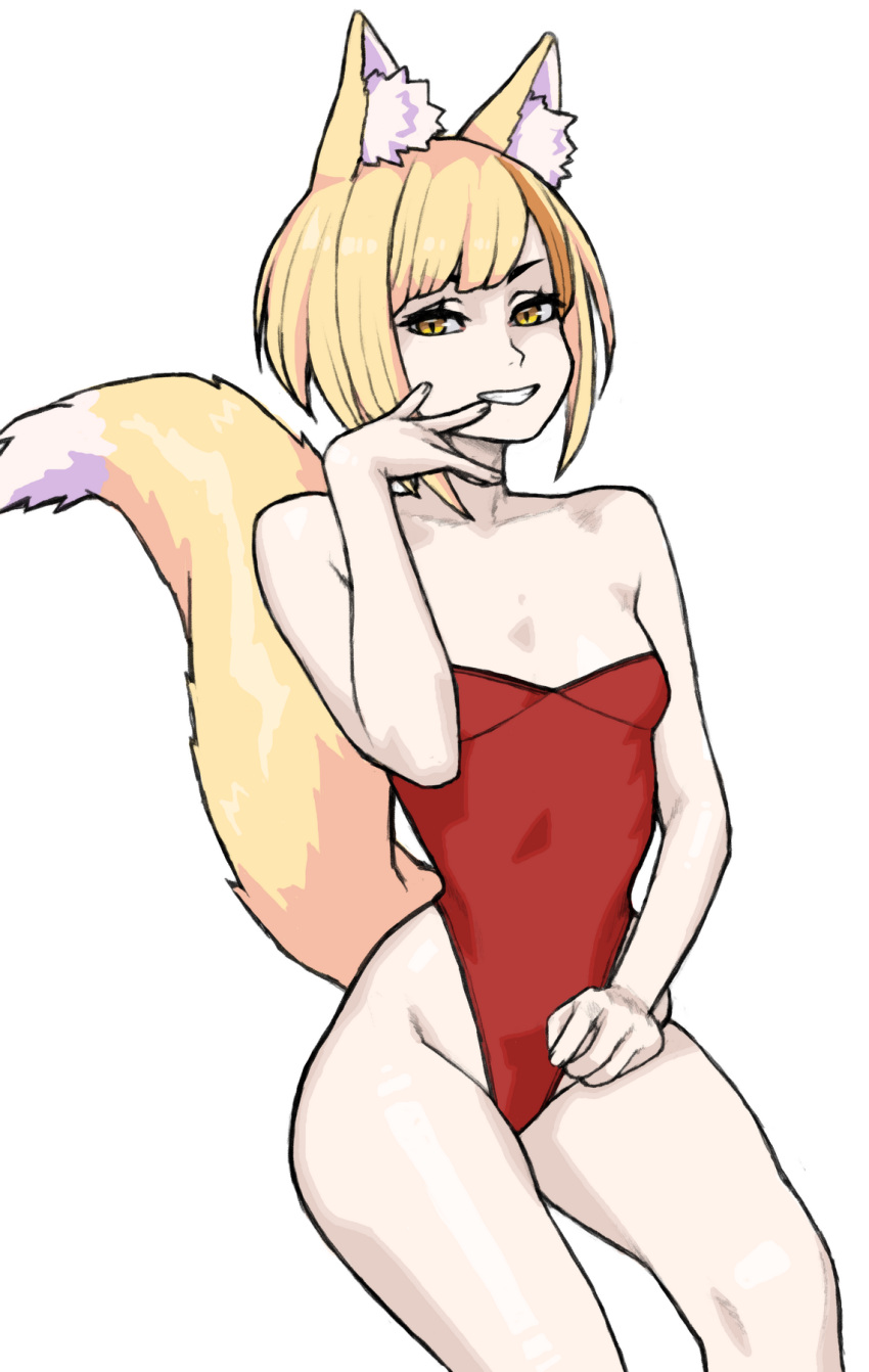 blonde_hair bluesalm0n female female_only fire_emblem fox_ears fox_girl fox_tail grin selkie_(fire_emblem) swimsuit swimwear yellow_eyes