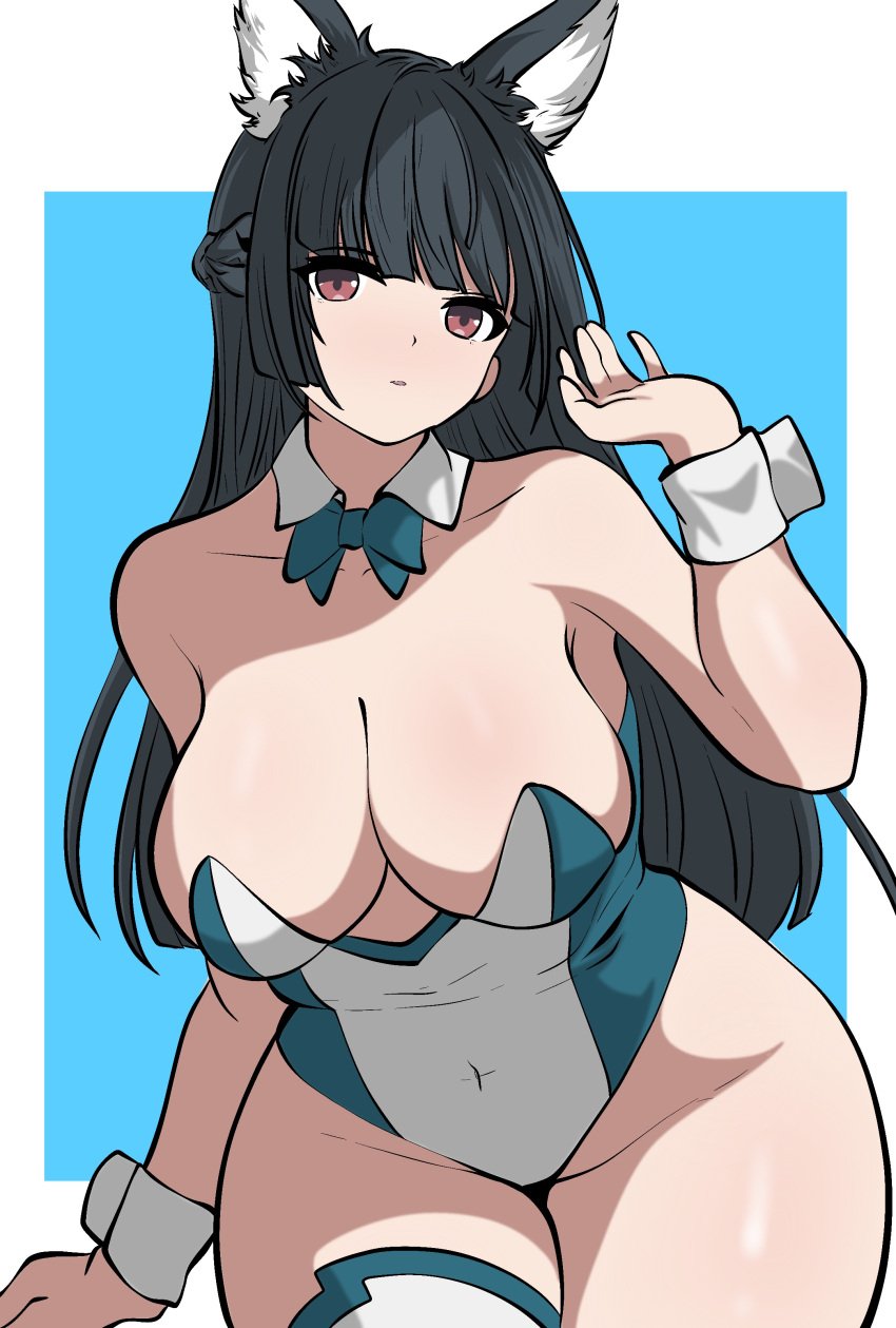 absurdres alternate_costume animal_ear_fluff animal_ears black_hair blue_background blunt_bangs breasts cleavage collarbone covered_navel cowboy_shot detached_collar ding36 female fox_ears fox_girl highres hoshimi_miyabi large_breasts leotard long_hair parted_lips red_eyes sidelocks simple_background solo thick_thighs thighs wide_hips zenless_zone_zero