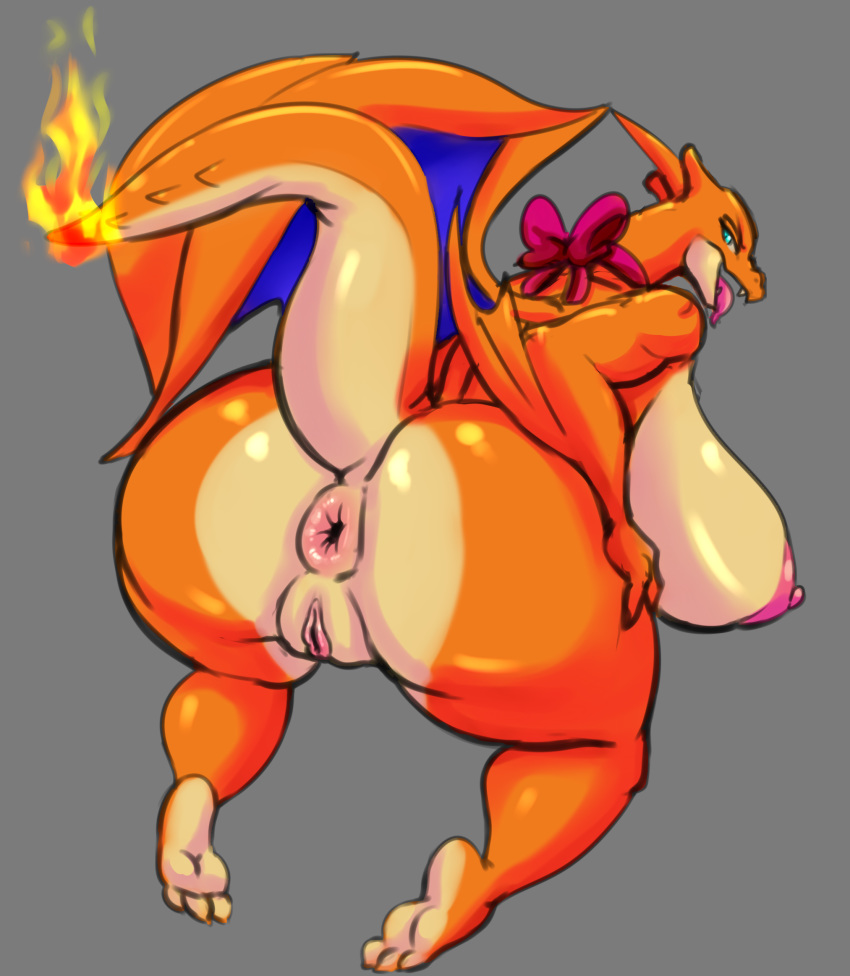 1girls 2016 3_toes anthro anthrofied anus areola ass back big_anus big_ass big_breasts blue_eyes breasts butt charizard choker chubby erect_nipples feet female female_only fire grey_background hi_res huge_ass huge_breasts looking_at_viewer looking_back mega_charizard_y mega_evolution membranous_wings nintendo nipples non-mammal_breasts nude orange_skin original_character pokémon_(species) pokemon pokemon_(species) pokemon_rgby pokemon_xy presenting_hindquarters puffy_anus pussy rear_view ribbon scalie sketch smile soles solo source_request tail teeth thecon thick_thighs toes tongue tongue_out video_games voluptuous wide_hips wings