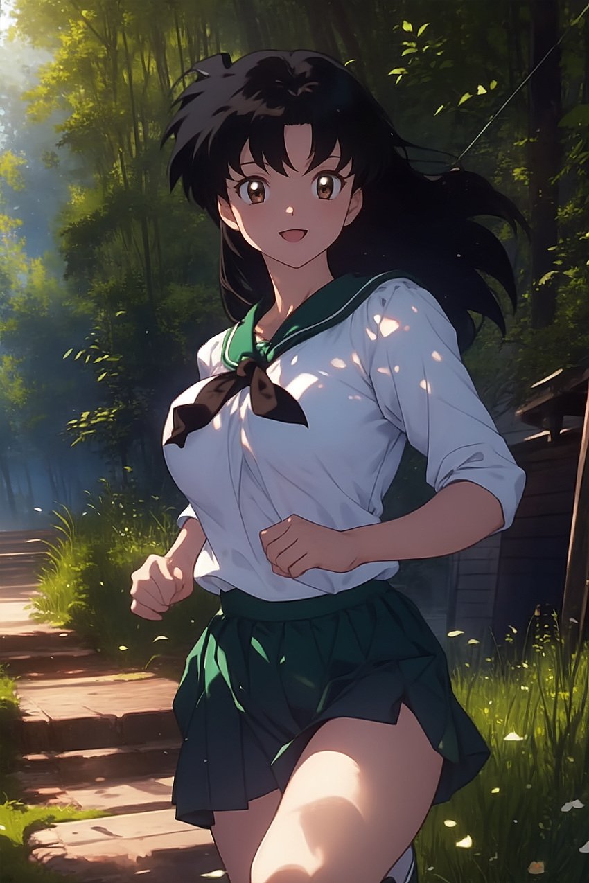 1girls ai_generated black_hair brown_eyes curvy curvy_female detailed_background female female_only forest inuyasha kagome_higurashi long_hair nature outdoors running school_uniform self_upload serafuku skirt smile smiling solo stable_diffusion