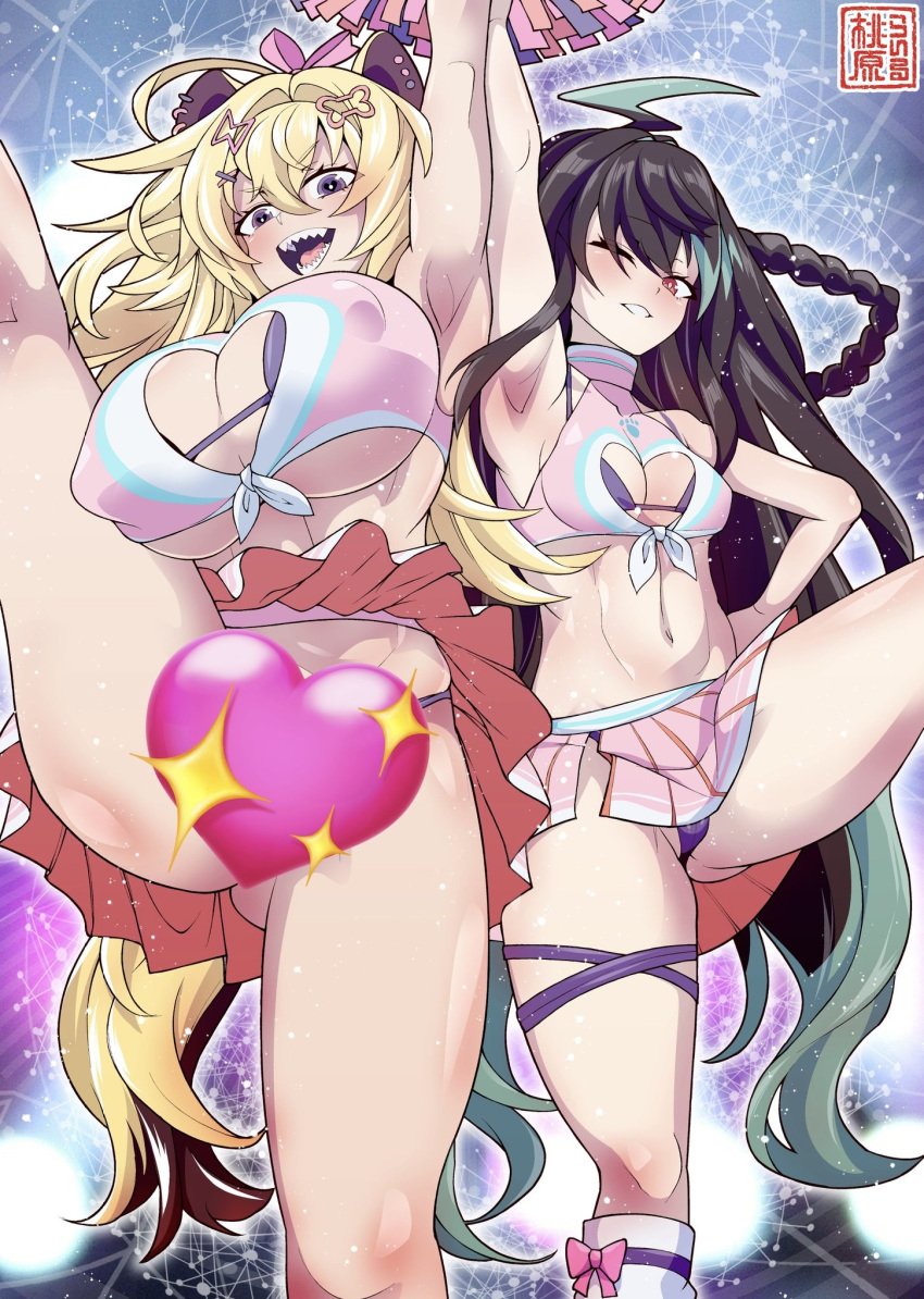 2girls animal_ears armpits black_hair blonde_hair bra breasts cheerleader cheerleader_uniform duo female female_only hair_ornament huge_breasts hyena_ears hyena_girl hyena_tail light-skinned_female light_skin medium_breasts nipple_bulge panties poma_pon purple_bra purple_eyes purple_panties red_eye rilelile skirt terra404 v4mirai virtual_youtuber voltail