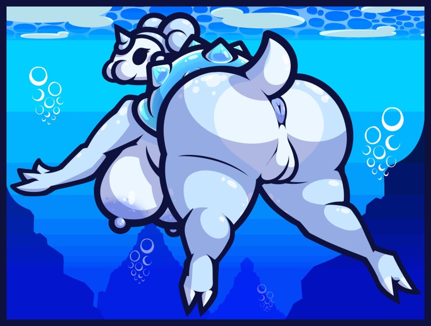 2022 absurd_res air_bubble anthro anus areola ass big_breasts big_butt blue_anus blue_areola blue_nipples breasts detailed_background female fusion generation_1_pokemon generation_8_pokemon genitals hi_res horn huge_butt hybrid_pokemon ice ikakins lapras looking_back multicolored_body nintendo nipples nude nude_female oasis_(void_dew) plump_labia pokemon pokemon_(species) pokemon_fusion puffy_anus pussy shell snom solo spiked_shell spikes spikes_(anatomy) swimming tail thick_thighs two_tone_body underwater water