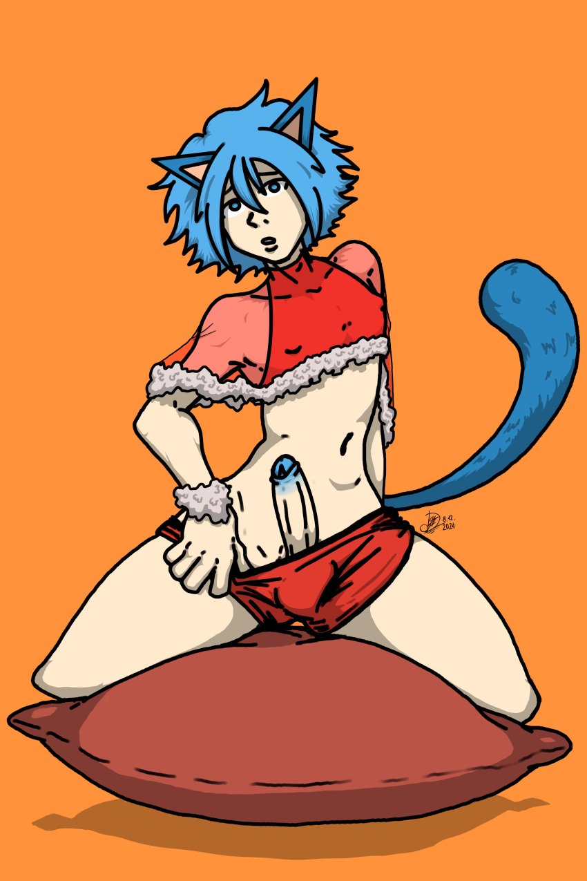 average_sized_penis blue_cat blue_eyes blue_hair blue_penis blue_tail cape cartoon_network cat_ears cat_tail crop_top femboy feminine_male fn_seadder gumball_watterson looking_at_viewer nipples_visible_through_clothing pillow red_shirt red_shorts shorts the_amazing_world_of_gumball thick_thighs undressing