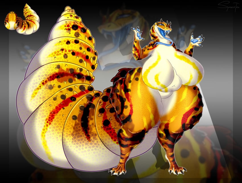 anthro blue_eyes blue_tongue fangs featureless_breasts featureless_crotch huge_breasts hyper_tail hyper_thighs overweight_anthro overweight_female pawpads snake_girl sprucetea tongue tongue_out tsuchinoko wide_hips